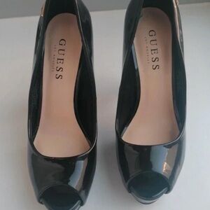 Guess Shiny Black Peep Toe Heels